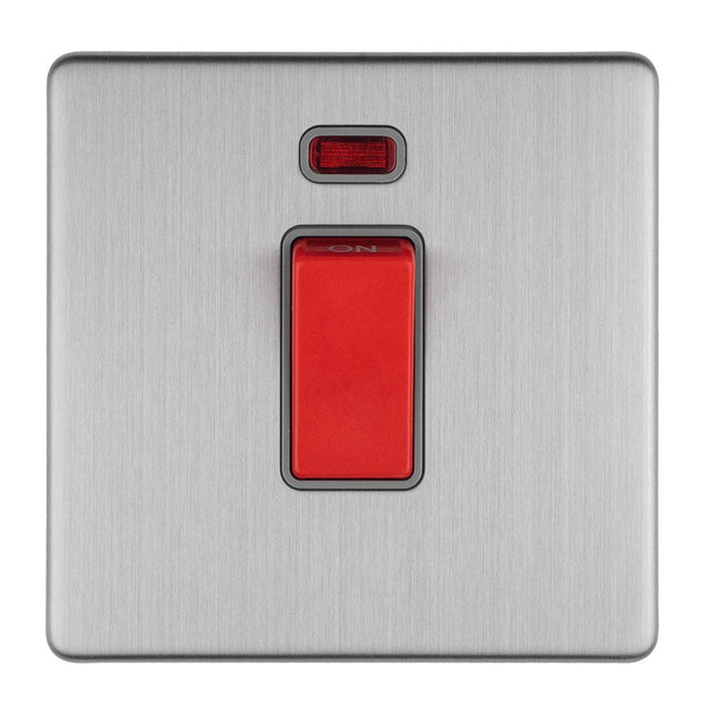 EuroLite Electrical Stainless Steel / 1 GANG 45AMP DP SWITCH WITH NEON FLAT CONCEALED SATIN STAINLESS PLATE MATCHING ROCKER / (With matching Trim) Eurolite Concealed 3mm 1 Gang 45Amp Dp Switch With Neon - Stainless Steel (With matching Trim)