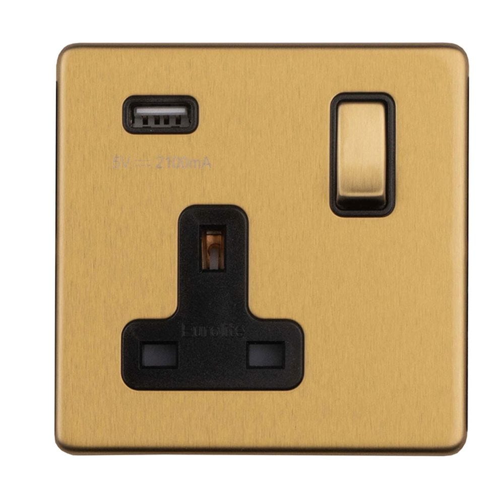 EuroLite Electrical Satin Brass / 1 Gang Switched Socket With USB / (With Black Trim) Eurolite Concealed 3mm 1 Gang Switched Socket With USB - Satin Brass