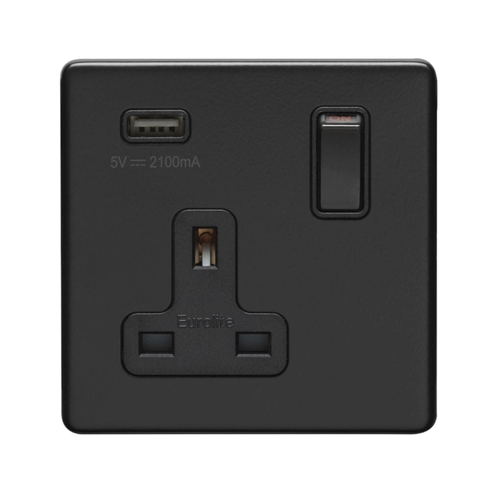 EuroLite Electrical Matt Black / 1 Gang USB Socket / (With Black Trim) Eurolite Concealed 3mm 1 Gang USB Socket - Matt Black (With Black Trim)