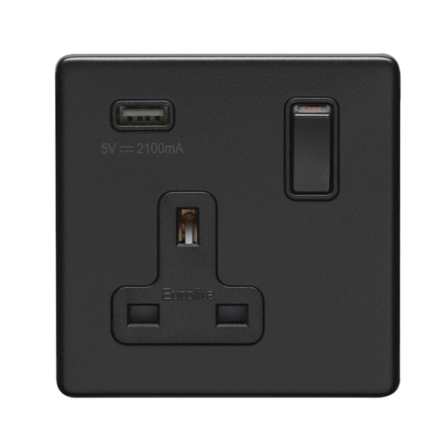 EuroLite Electrical Matt Black / 1 Gang USB Socket / (With Black Trim) Eurolite Concealed 3mm 1 Gang USB Socket - Matt Black (With Black Trim)