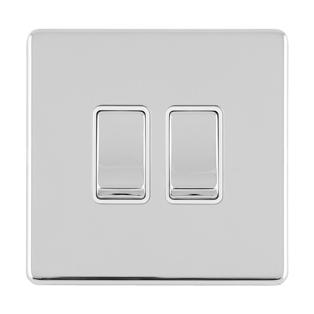 EuroLite Electrical Polished Chrome / 2 GANG 10AMP 2WAY SWITCH FLAT CONCEALED POLISHED CHROME PLATE MATCHING ROCKERS / (With White Trim) Eurolite Concealed 3mm 2 Gang 10Amp 2Way Switch - Polished Chrome (With White Trim)