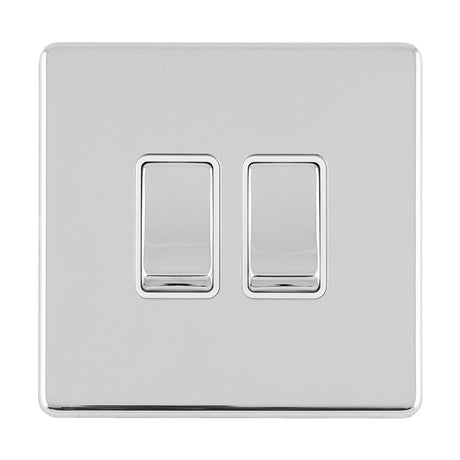 EuroLite Electrical Polished Chrome / 2 GANG 10AMP 2WAY SWITCH FLAT CONCEALED POLISHED CHROME PLATE MATCHING ROCKERS / (With White Trim) Eurolite Concealed 3mm 2 Gang 10Amp 2Way Switch - Polished Chrome (With White Trim)