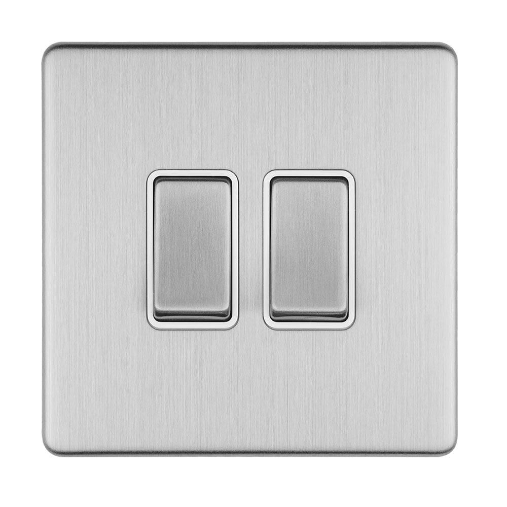 EuroLite Electrical Stainless Steel / 2 GANG 10AMP 2WAY SWITCH FLAT CONCEALED SATIN STAINLESS PLATE MATCHING ROCKERS / (With Matching Trim) Eurolite Concealed 3mm 2 Gang 10Amp 2Way Switch - Stainless Steel (With Matching Trim)