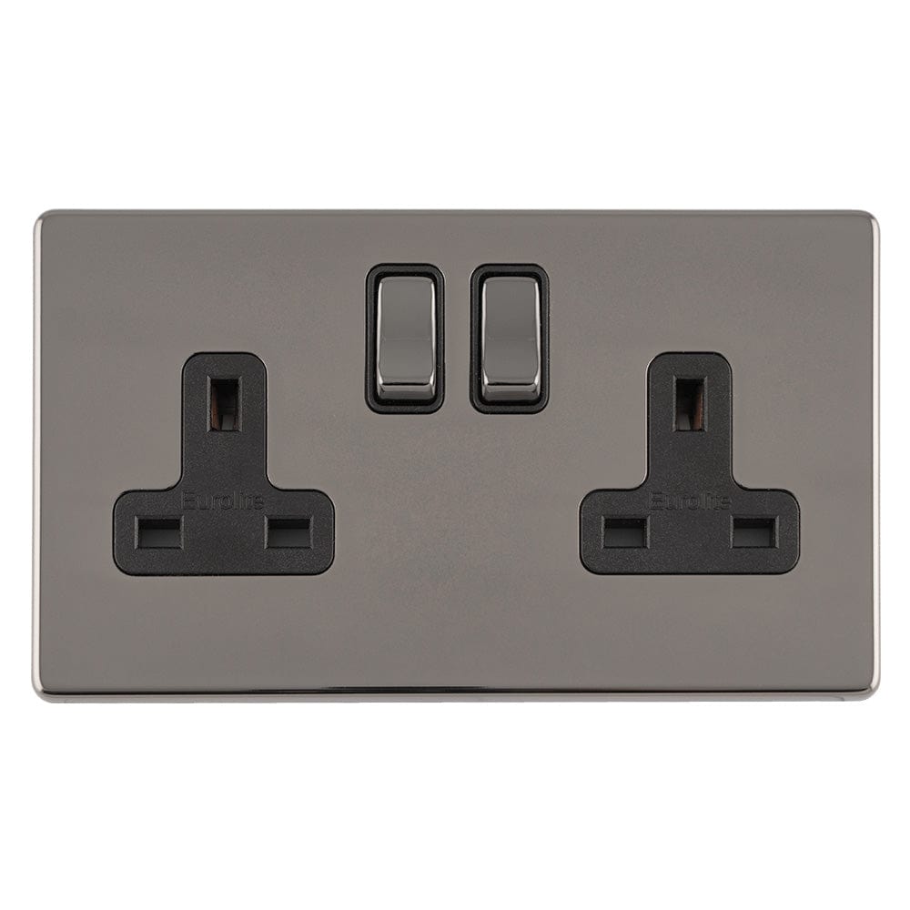 EuroLite Electrical Black Nickel / 2 GANG 13AMP DP SWITCHED SOCKET FLAT CONCEALED BLACK NICKEL PLATE MATCHING ROCKERS / (With Black Trim) Eurolite Concealed 3mm 2 Gang 13Amp Dp Switched Socket - Black Nickel (With Black Trim)