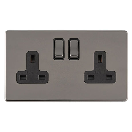 EuroLite Electrical Black Nickel / 2 GANG 13AMP DP SWITCHED SOCKET FLAT CONCEALED BLACK NICKEL PLATE MATCHING ROCKERS / (With Black Trim) Eurolite Concealed 3mm 2 Gang 13Amp Dp Switched Socket - Black Nickel (With Black Trim)
