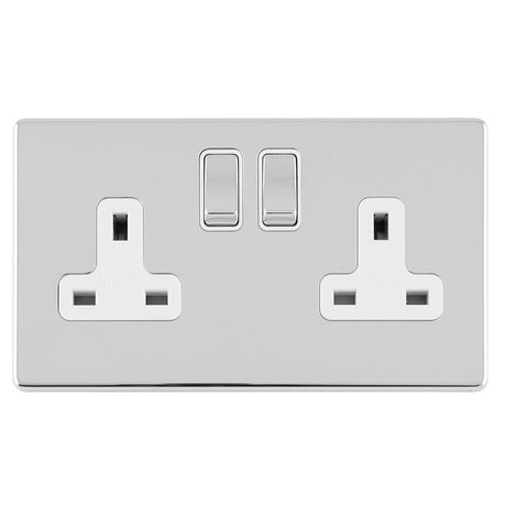 EuroLite Electrical Polished Chrome / 2 GANG 13AMP DP SWITCHED SOCKET FLAT CONCEALED POLISHED CHROME PLATE MATCHING ROCKERS / (With White Trim) Eurolite Concealed 3mm 2 Gang 13Amp Dp Switched Socket - Polished Chrome (With White Trim)