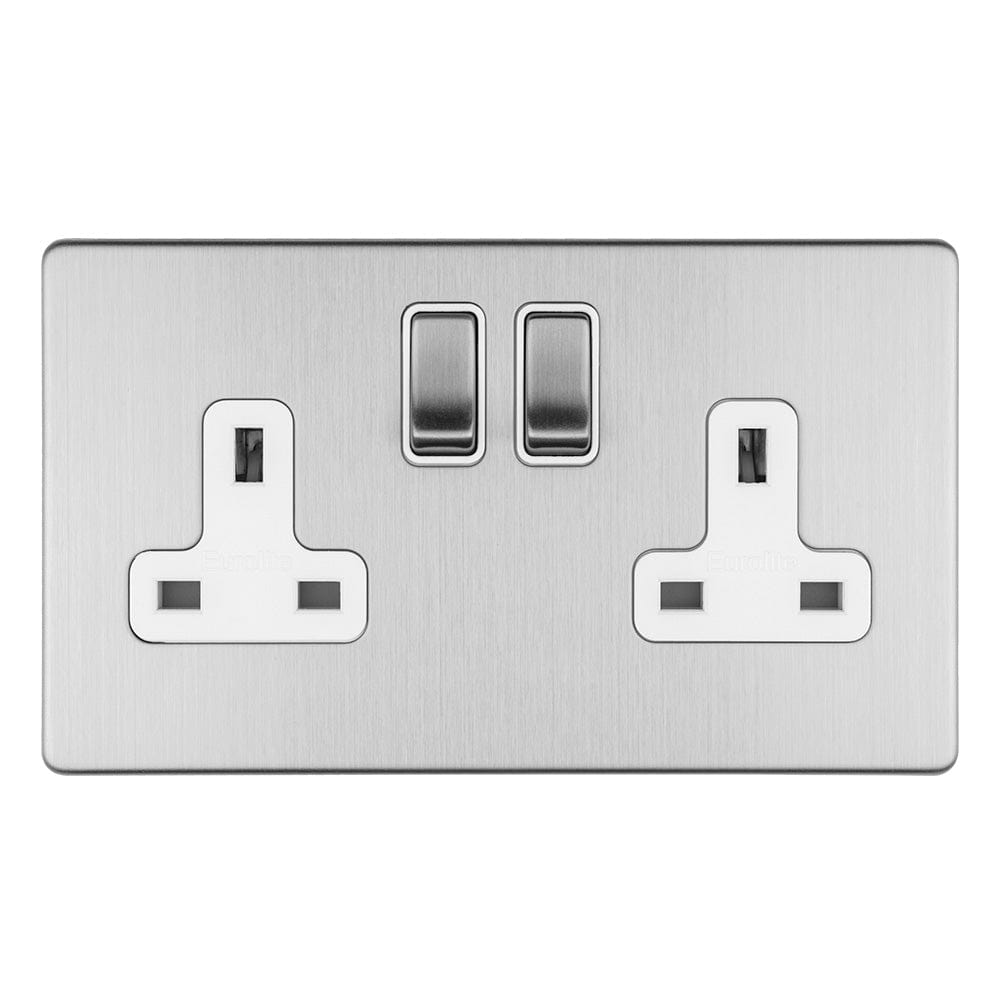 EuroLite Electrical Stainless Steel / 2 GANG 13AMP DP SWITCHED SOCKET FLAT CONCEALED SATIN STAINLESS PLATE MATCHING ROCKERS / (With matching Trim) Eurolite Concealed 3mm 2 Gang 13Amp Dp Switched Socket - Stainless Steel (With matching Trim)