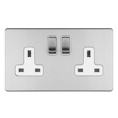 EuroLite Electrical Stainless Steel / 2 GANG 13AMP DP SWITCHED SOCKET FLAT CONCEALED SATIN STAINLESS PLATE MATCHING ROCKERS / (With matching Trim) Eurolite Concealed 3mm 2 Gang 13Amp Dp Switched Socket - Stainless Steel (With matching Trim)