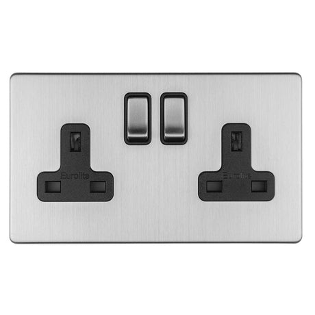 EuroLite Electrical Stainless Steel / 2 GANG 13AMP DP SWITCHED SOCKET FLAT CONCEALED SATIN STAINLESS PLATE MATCHING ROCKERS / (With Rockers Trim) Eurolite Concealed 3mm 2 Gang 13Amp Dp Switched Socket - Stainless Steel (With Rockers Trim)