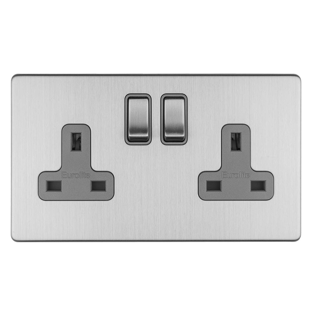 EuroLite Electrical Stainless Steel / 2 GANG 13AMP DP SWITCHED SOCKET FLAT CONCEALED SATIN STAINLESS PLATE MATCHING ROCKERS / (With Rockers Trim) Eurolite Concealed 3mm 2 Gang 13Amp Dp Switched Socket - Stainless Steel (With Rockers Trim)