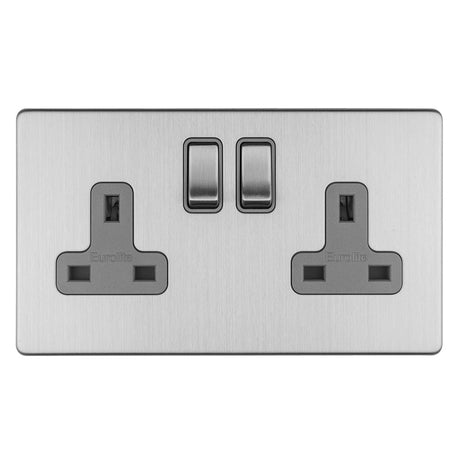 EuroLite Electrical Stainless Steel / 2 GANG 13AMP DP SWITCHED SOCKET FLAT CONCEALED SATIN STAINLESS PLATE MATCHING ROCKERS / (With Rockers Trim) Eurolite Concealed 3mm 2 Gang 13Amp Dp Switched Socket - Stainless Steel (With Rockers Trim)