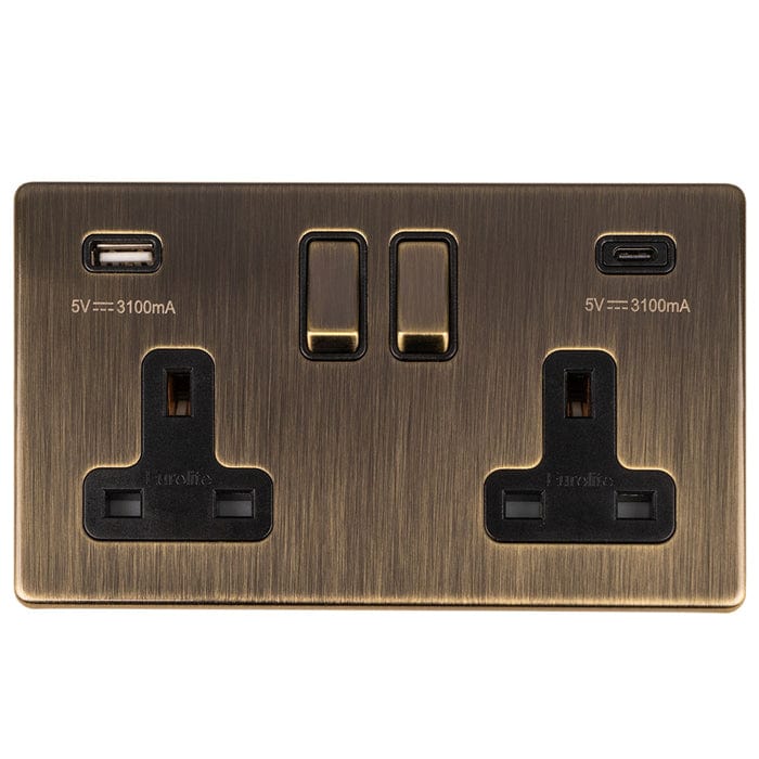 EuroLite Electrical Antique Brass / 2 Gang 13Amp Switched Socket With USB C Ant Brass / (With Black Trim) Eurolite Concealed 3mm 2 Gang 13Amp Switched Socket With Usb C Ant Brass - Antique Brass (With Black Trim)