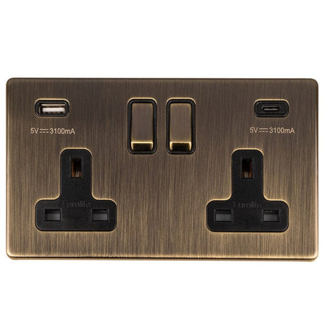 EuroLite Electrical Antique Brass / 2 Gang 13Amp Switched Socket With USB C Ant Brass / (With Black Trim) Eurolite Concealed 3mm 2 Gang 13Amp Switched Socket With Usb C Ant Brass - Antique Brass (With Black Trim)