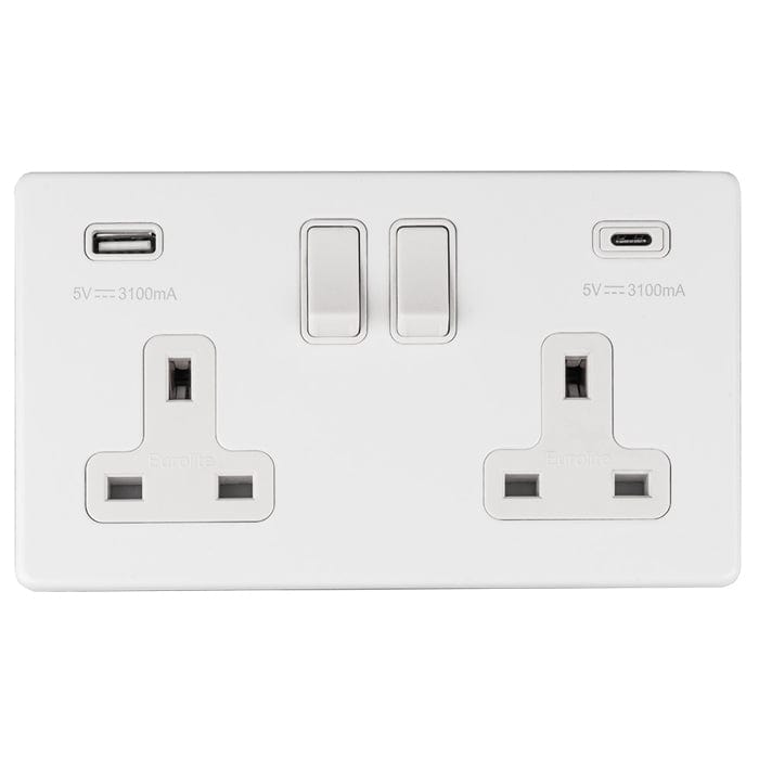 EuroLite Electrical Matt White / 2 Gang 13Amp Switched Socket With Usb C / (With White Trim) Eurolite Concealed 3mm 2 Gang 13Amp Switched Socket With Usb C White - Matt White (With White Trim)