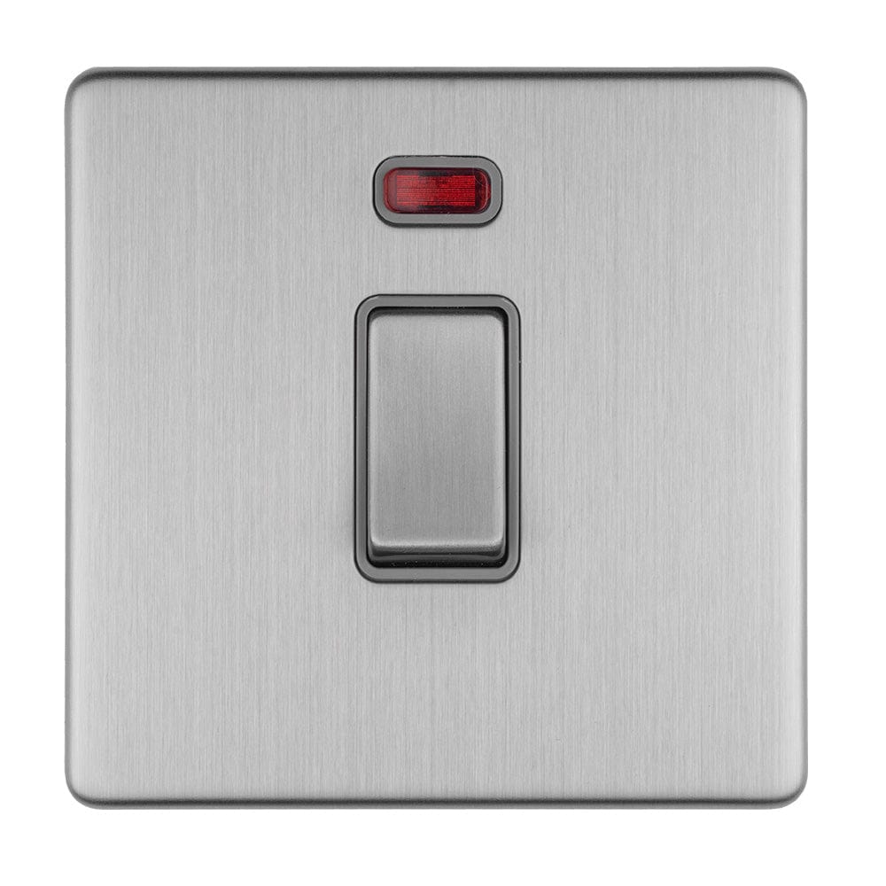 EuroLite Electrical Stainless Steel / 1 GANG 20AMP DP SWITCH & NEON FLAT CONCEALED SATIN STAINLESS PLATE MATCHING ROCKER / (With Grey Trim) Eurolite Concealed 3mm 2 Gang 20Amp Dp Switch & Neon - Stainless Steel (With Grey Trim)