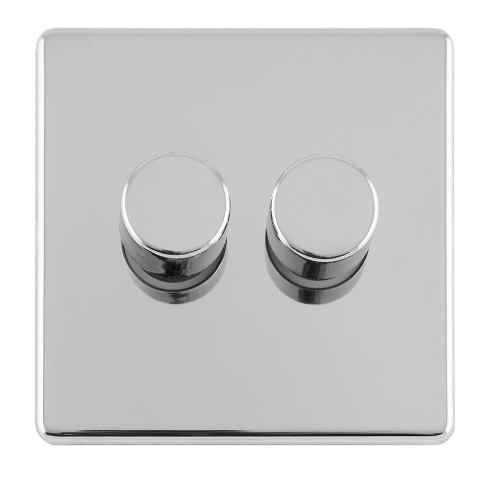 EuroLite Electrical Polished Chrome / 2 Gang Led Push On Off 2Way Dimmer Flat Concealed Polished Chrome Plate / (With White Trim) Eurolite Concealed 3mm 2 Gang Led Push On Off 2Way Dimmer - Polished Chrome (With White Trim)
