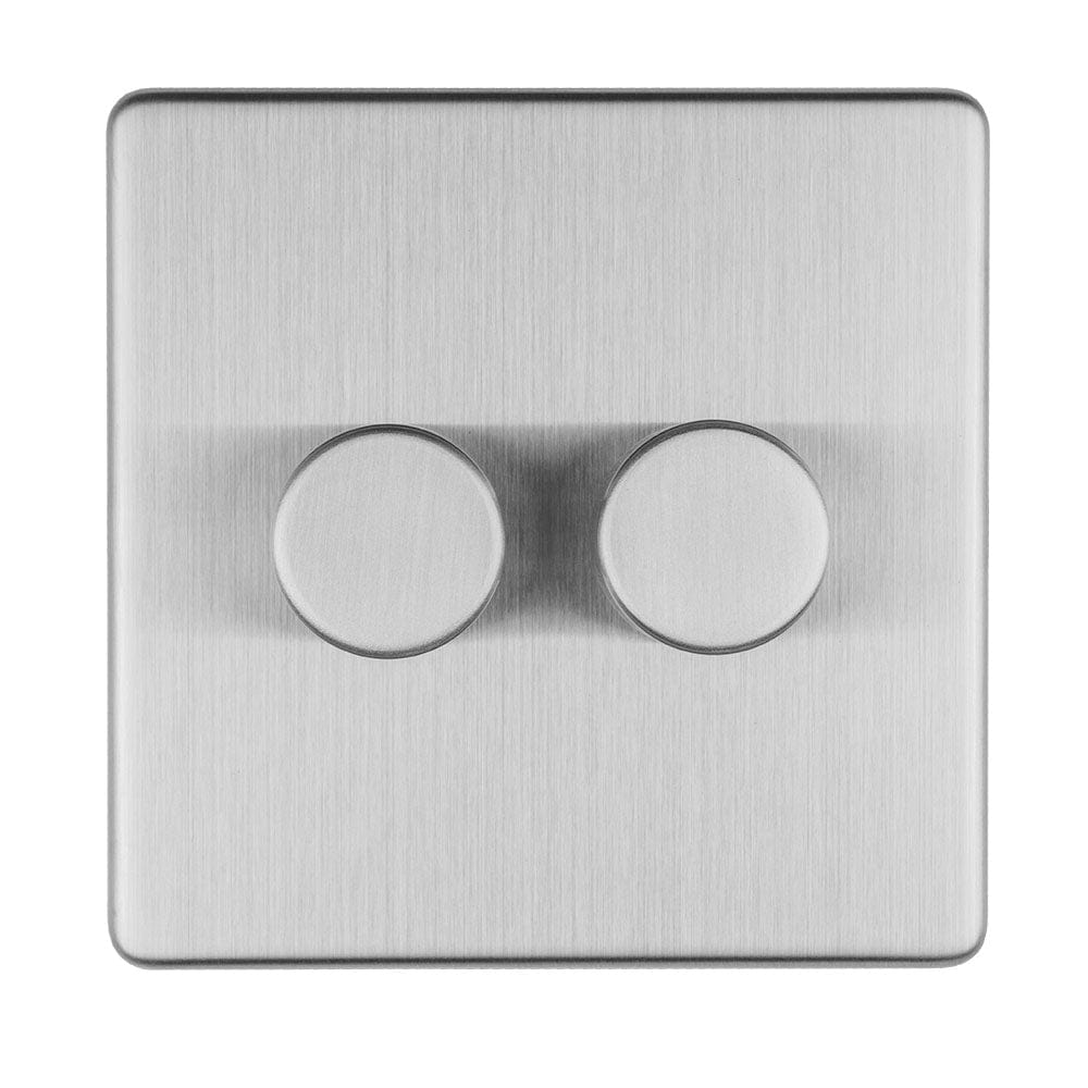 EuroLite Electrical Stainless Steel / 2 Gang Led Push On Off 2Way Dimmer Flat Concealed Satin Stainless Plate / (With Black Trim) Eurolite Concealed 3mm 2 Gang Led Push On Off 2Way Dimmer - Stainless Steel (With Black Trim)
