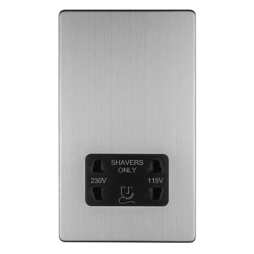 EuroLite Electrical Stainless Steel / 2 GANG SHAVER SOCKET 230/115V FLAT CONCEALED SATIN STAINLESS PLATE BLACK INTERIOR / (With Black Trim) Eurolite Concealed 3mm 2 Gang Shaver Socket 230/115V - Stainless Steel (With Black Trim)