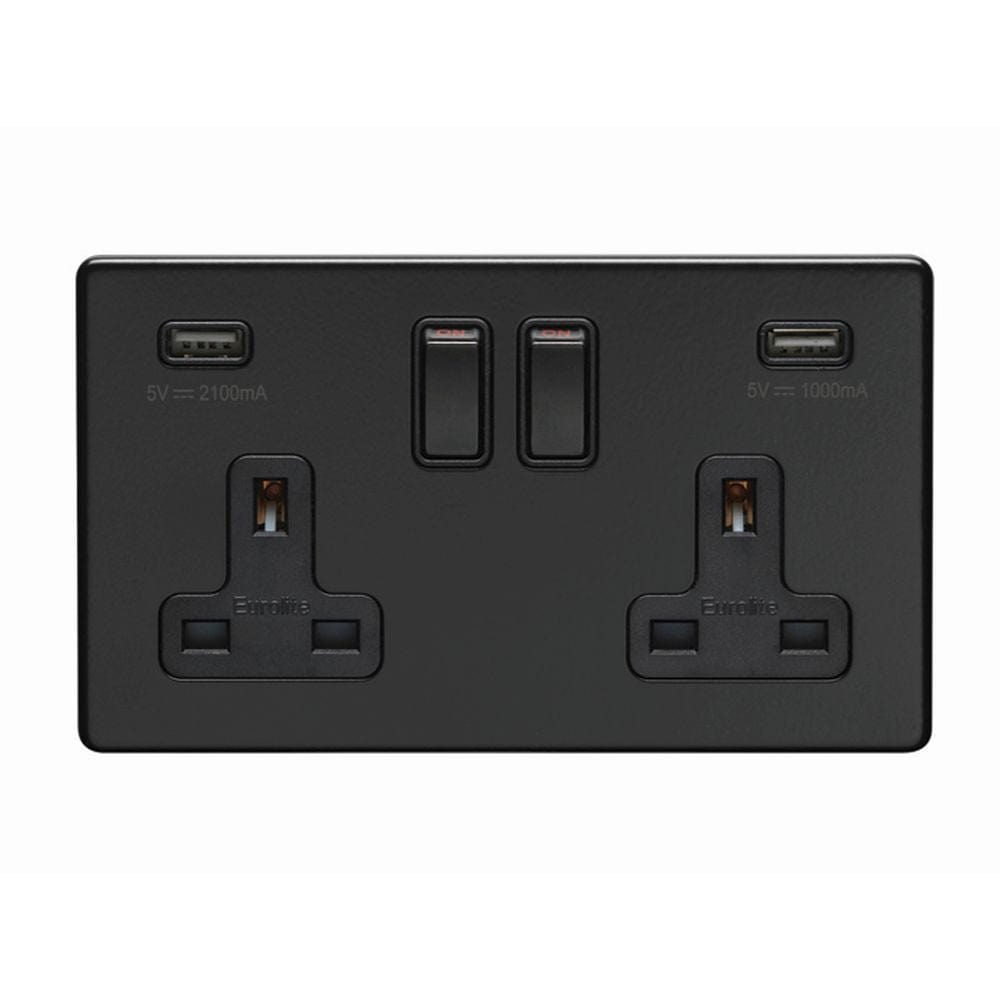 EuroLite Electrical Matt Black / 2 Gang USB Socket / (With Black Trim) Eurolite Concealed 3mm 2 Gang USB Socket - Matt Black (With Black Trim)