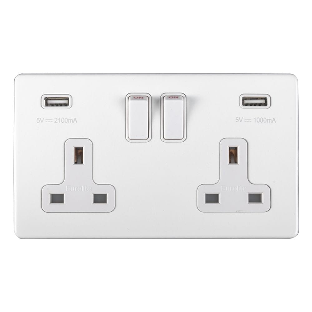 EuroLite Electrical Matt White / 2 Gang USB Socket / (With White Trim) Eurolite Concealed 3mm 2 Gang USB Socket - White (With White Trim)