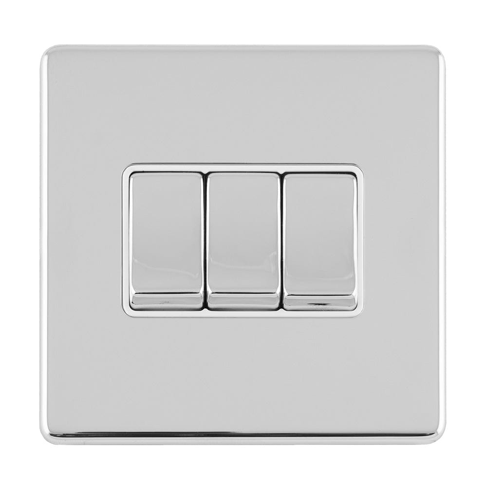 EuroLite Electrical Polished Chrome / 3 GANG 10AMP 2WAY SWITCH FLAT CONCEALED POLISHED CHROME PLATE MATCHING ROCKERS / (With White Trim) Eurolite Concealed 3mm 3 Gang 10Amp 2Way Switch - Polished Chrome (With White Trim)