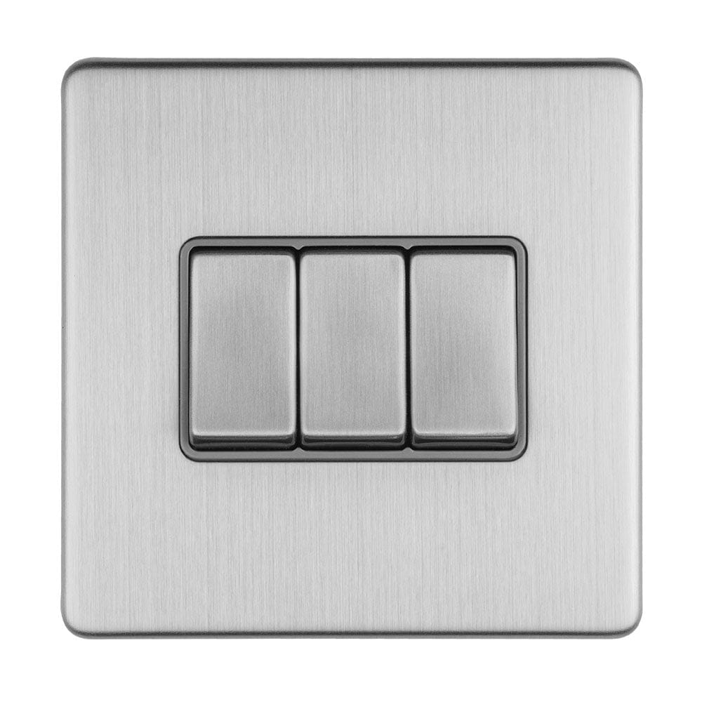 EuroLite Electrical Stainless Steel / 3 GANG 10AMP 2WAY SWITCH FLAT CONCEALED SATIN STAINLESS PLATE MATCHING ROCKERS / (With Matching Trim) Eurolite Concealed 3mm 3 Gang 10Amp 2Way Switch - Stainless Steel (With Matching Trim)