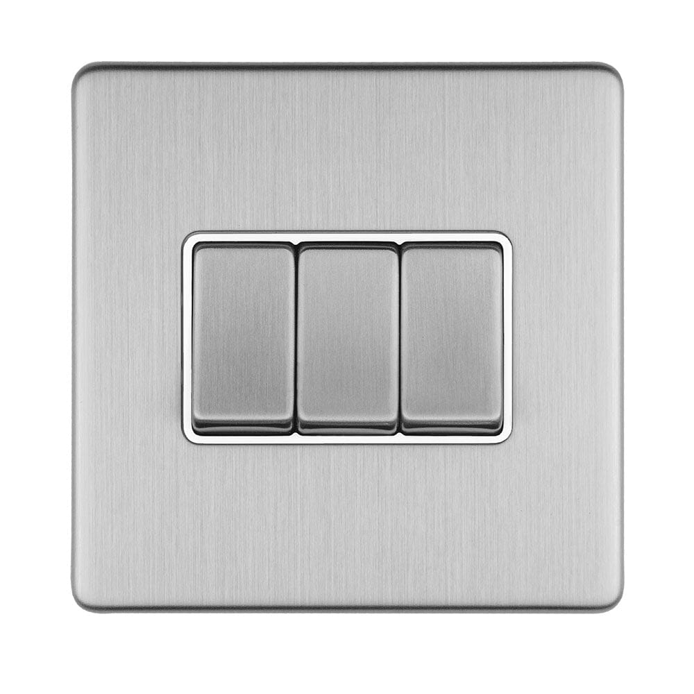 EuroLite Electrical Stainless Steel / 3 GANG 10AMP 2WAY SWITCH FLAT CONCEALED SATIN STAINLESS PLATE MATCHING ROCKERS / (With Matching Trim) Eurolite Concealed 3mm 3 Gang 10Amp 2Way Switch - Stainless Steel (With Matching Trim)