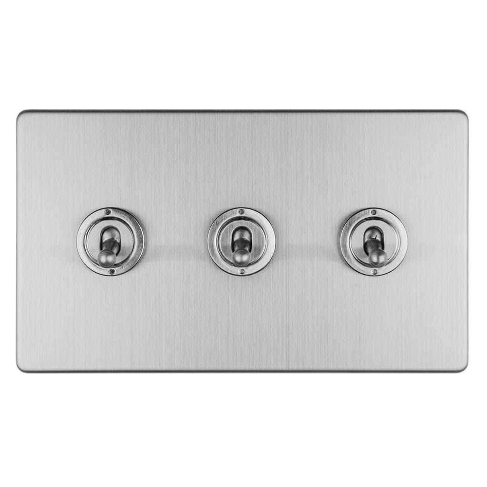EuroLite Electrical Stainless Steel / 3 GANG 10AMP 2WAY TOGGLE SWITCH SATIN STAINLESS PLATE / (With Brass Trim) Eurolite Concealed 3mm 3 Gang 10Amp 2Way Toggle Switch Satin Stainless Plate - Stainless Steel (With Brass Trim)