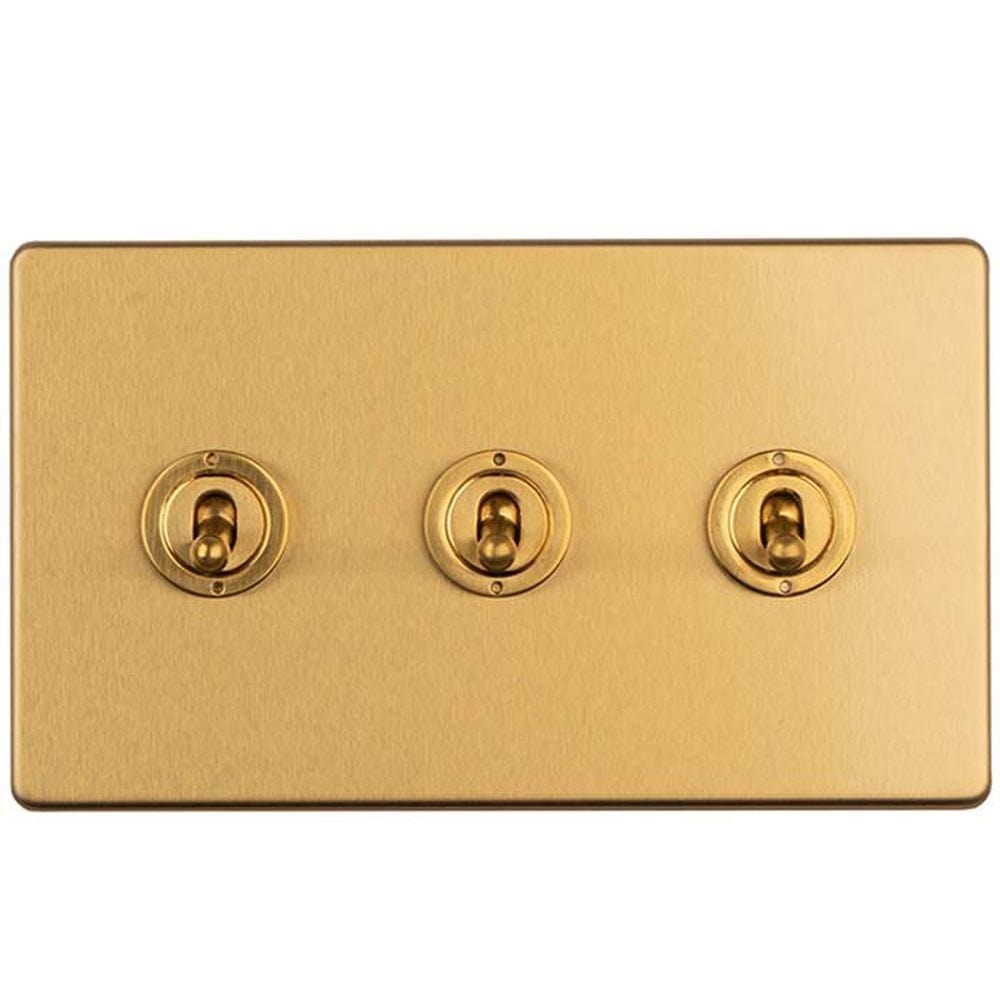 EuroLite Electrical Satin Brass / 3 Gang 2 Way Toggle Switch / (With Black Trim) Eurolite Concealed 3mm 3 Gang 2 Way Toggle Switch - Satin Brass