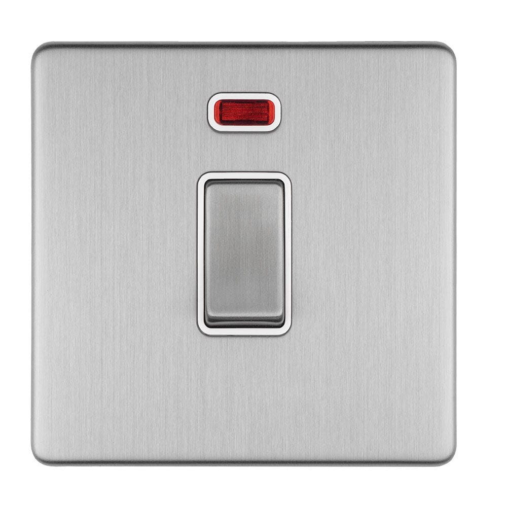 EuroLite Electrical Stainless Steel / 1 GANG 20AMP DP SWITCH & NEON FLAT CONCEALED SATIN STAINLESS PLATE MATCHING ROCKER / (With White Trim) Eurolite Concealed 3mm 3 Gang 20Amp Dp Switch & Neon - Stainless Steel (With White Trim)