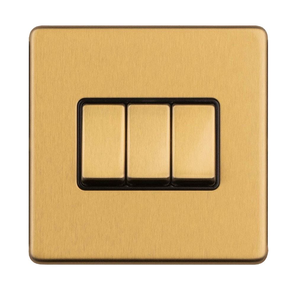 EuroLite Electrical Satin Brass / 3 Gang 2Way switch / (With Black Trim) Eurolite Concealed 3mm 3 Gang 2Way switch - Satin Brass