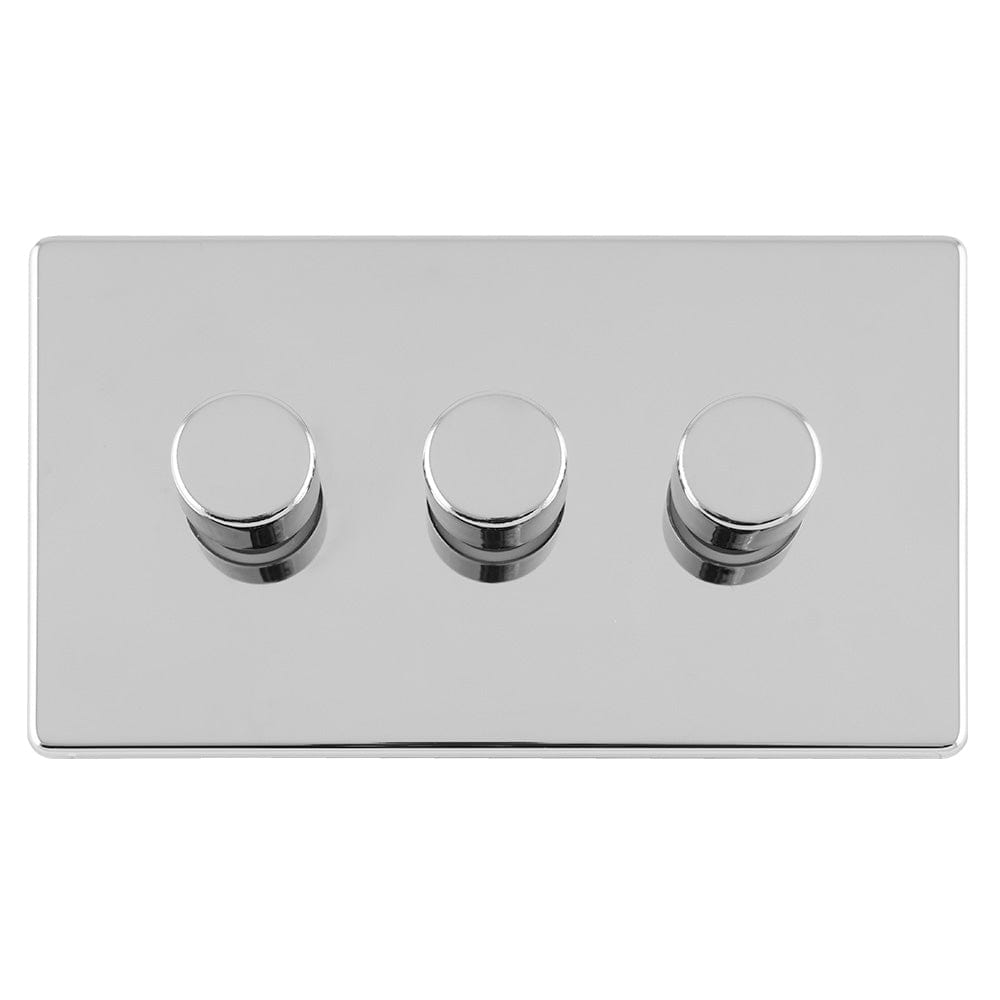 EuroLite Electrical Polished Chrome / 3 Gang Led Push On Off 2Way Dimmer Flat Concealed Polished Chrome Plate / (With White Trim) Eurolite Concealed 3mm 3 Gang Led Push On Off 2Way Dimmer - Polished Chrome (With White Trim)
