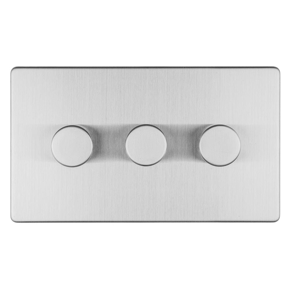 EuroLite Electrical Stainless Steel / 3 Gang Led Push On Off 2Way Dimmer Flat Concealed Satin Stainless Plate / (With Black Trim) Eurolite Concealed 3mm 3 Gang Led Push On Off 2Way Dimmer - Stainless Steel (With Black Trim)