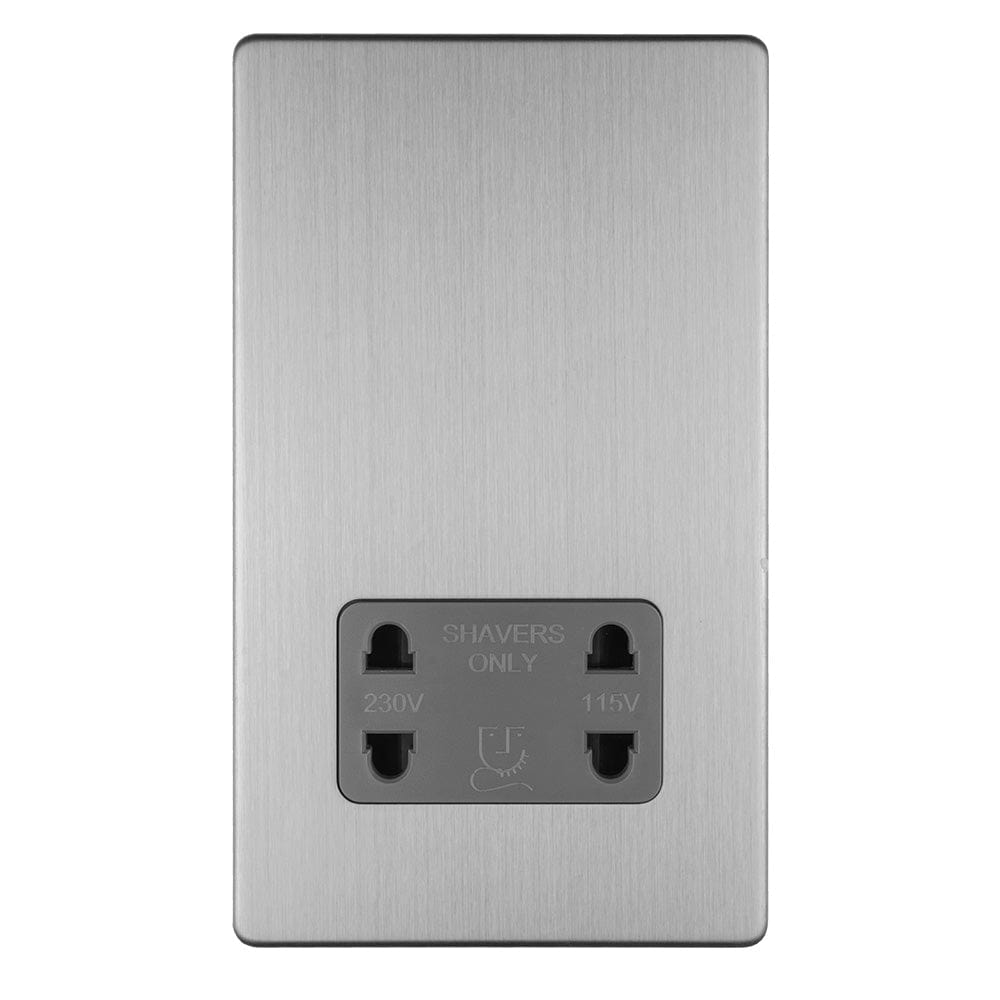 EuroLite Electrical Stainless Steel / 2 GANG SHAVER SOCKET 230/115V FLAT CONCEALED SATIN STAINLESS PLATE GREY INTERIOR / (With Black Trim) Eurolite Concealed 3mm 3 Gang Shaver Socket 230/115V - Stainless Steel (With Black Trim)