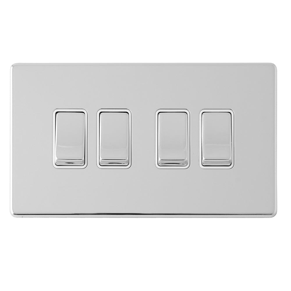 EuroLite Electrical Polished Chrome / 4 GANG 10AMP 2WAY SWITCH FLAT CONCEALED POLISHED CHROME PLATE MATCHING ROCKERS / (With White Trim) Eurolite Concealed 3mm 4 Gang 10Amp 2Way Switch - Polished Chrome (With White Trim)