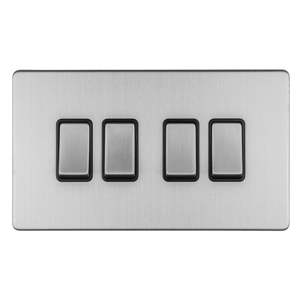 EuroLite Electrical Stainless Steel / 4 GANG 10AMP 2WAY SWITCH FLAT CONCEALED SATIN STAINLESS PLATE MATCHING ROCKERS / (With Matching Trim) Eurolite Concealed 3mm 4 Gang 10Amp 2Way Switch - Stainless Steel (With Matching Trim)