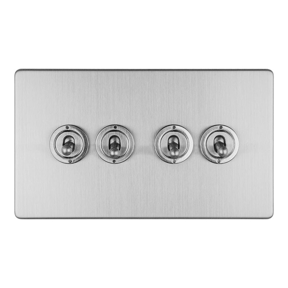 EuroLite Electrical Stainless Steel / 4 GANG 10AMP 2WAY TOGGLE SWITCH SATIN STAINLESS PLATE / (With Brass Trim) Eurolite Concealed 3mm 4 Gang 10Amp 2Way Toggle Switch Satin Stainless Plate - Stainless Steel (With Brass Trim)