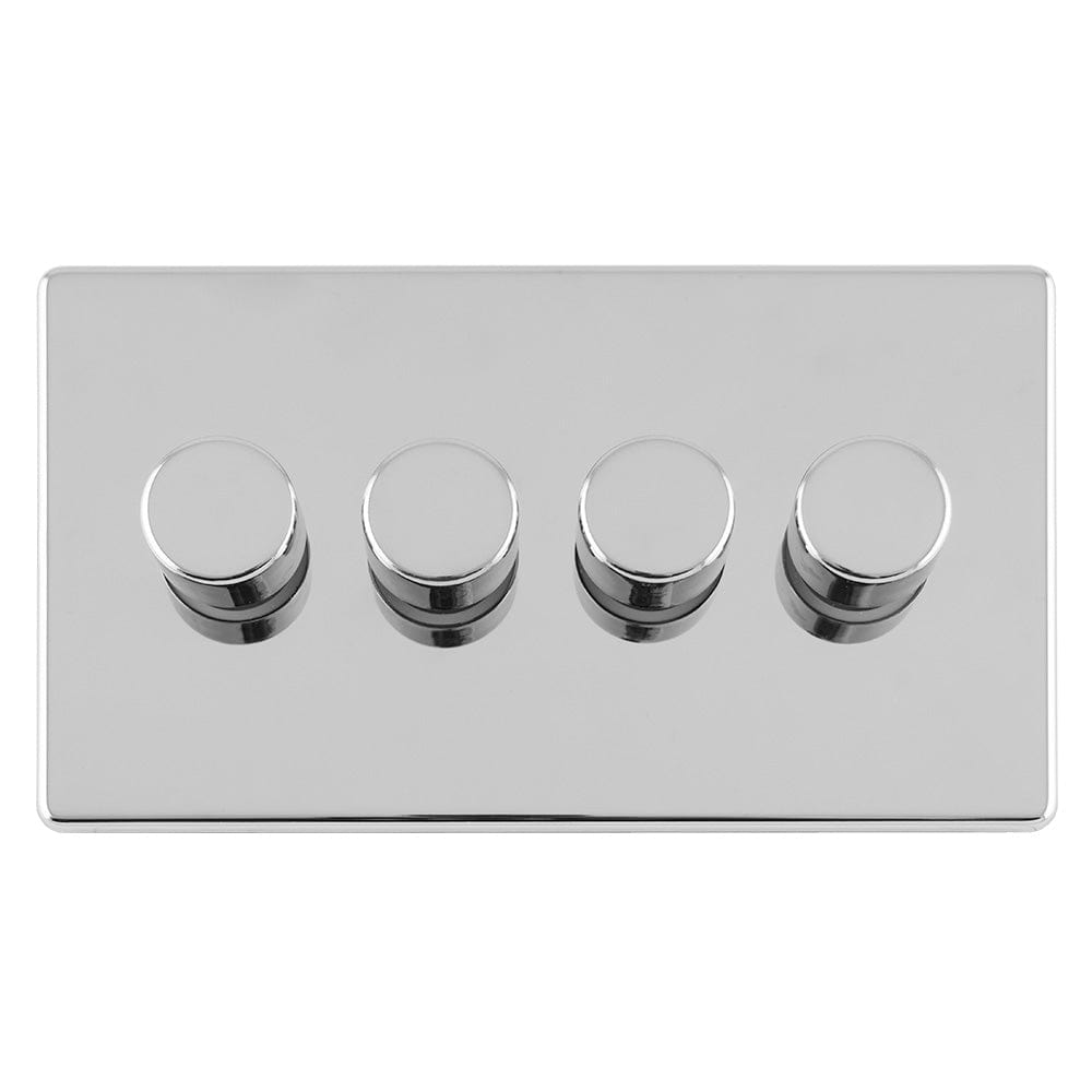EuroLite Electrical Polished Chrome / 4 Gang Led Push On Off 2Way Dimmer Flat Concealed Polished Chrome Plate / (With White Trim) Eurolite Concealed 3mm 4 Gang Led Push On Off 2Way Dimmer - Polished Chrome (With White Trim)