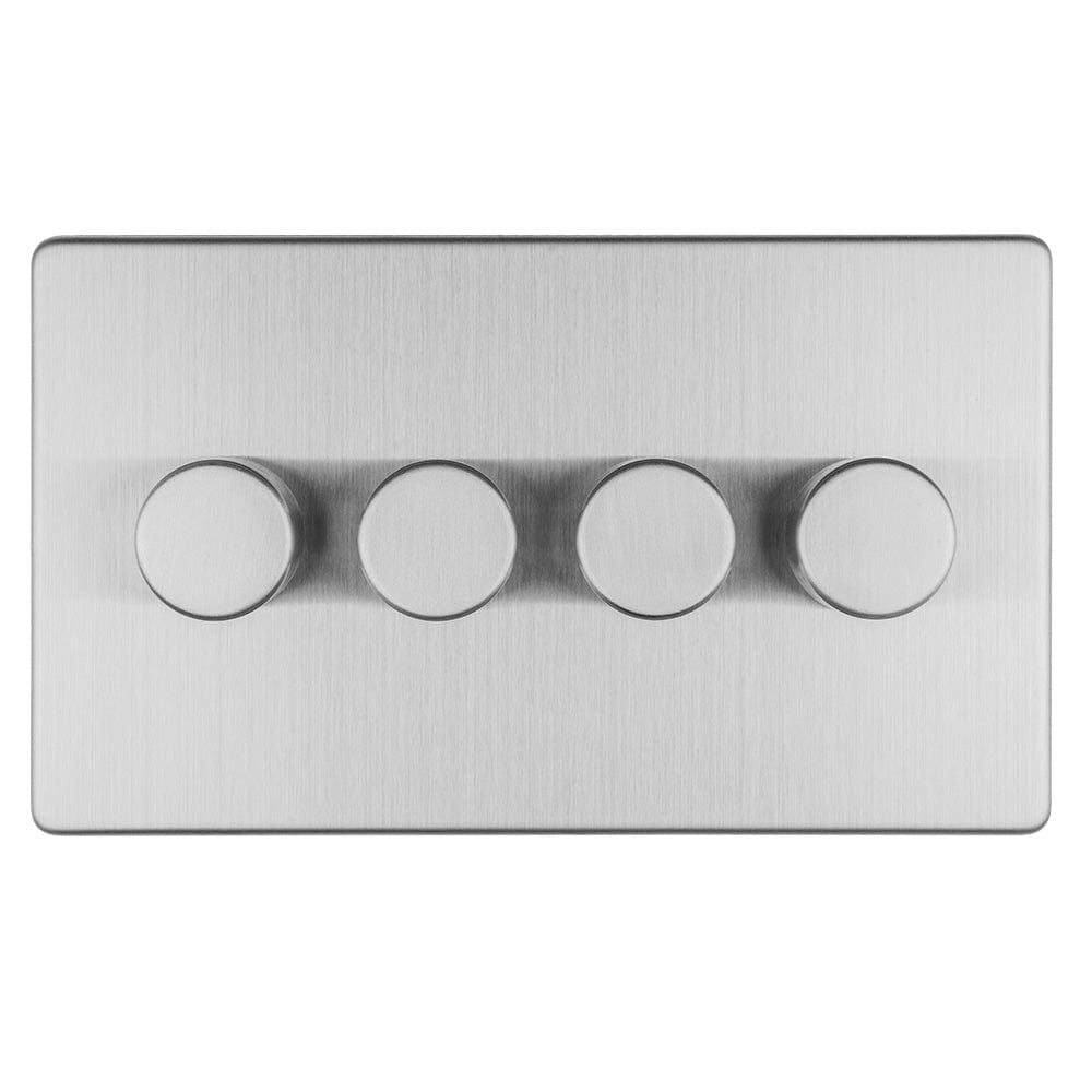 EuroLite Electrical Stainless Steel / 4 Gang Led Push On Off 2Way Dimmer Flat Concealed Satin Stainless Plate / (With Black Trim) Eurolite Concealed 3mm 4 Gang Led Push On Off 2Way Dimmer - Stainless Steel (With Black Trim)