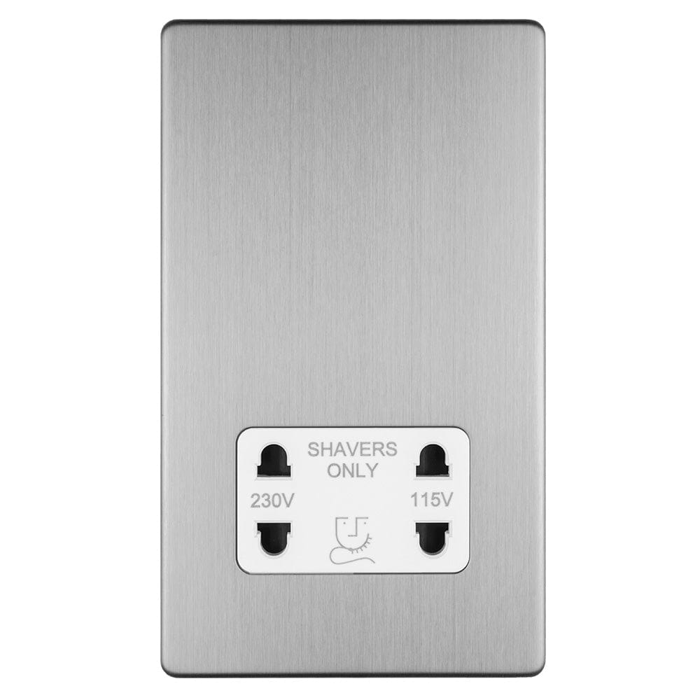 EuroLite Electrical Stainless Steel / 2 GANG SHAVER SOCKET 230/115V FLAT CONCEALED SATIN STAINLESS PLATE WHITE INTERIOR / (With Black Trim) Eurolite Concealed 3mm 4 Gang Shaver Socket 230/115V - Stainless Steel (With Black Trim)