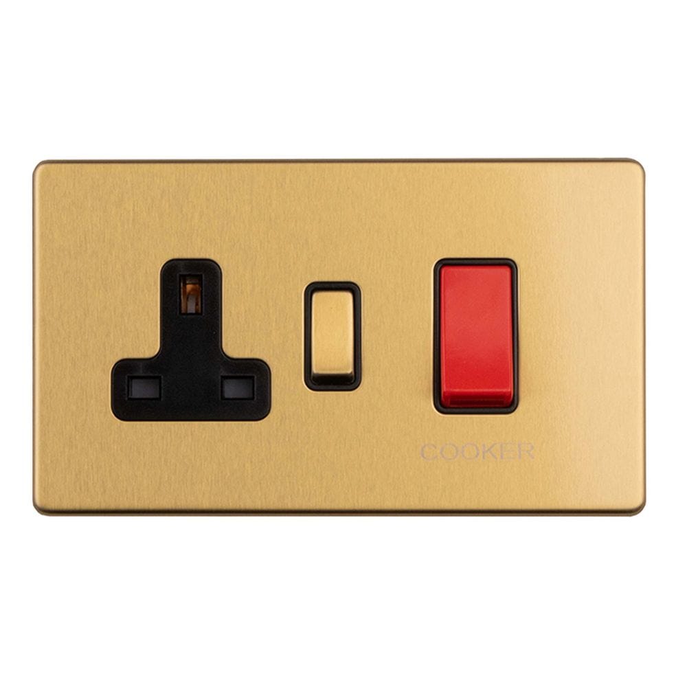 EuroLite Electrical Satin Brass / 45Amp Cooker Switch with Socket / (With Black Trim) Eurolite Concealed 3mm 45Amp Cooker Switch with Socket - Satin Brass