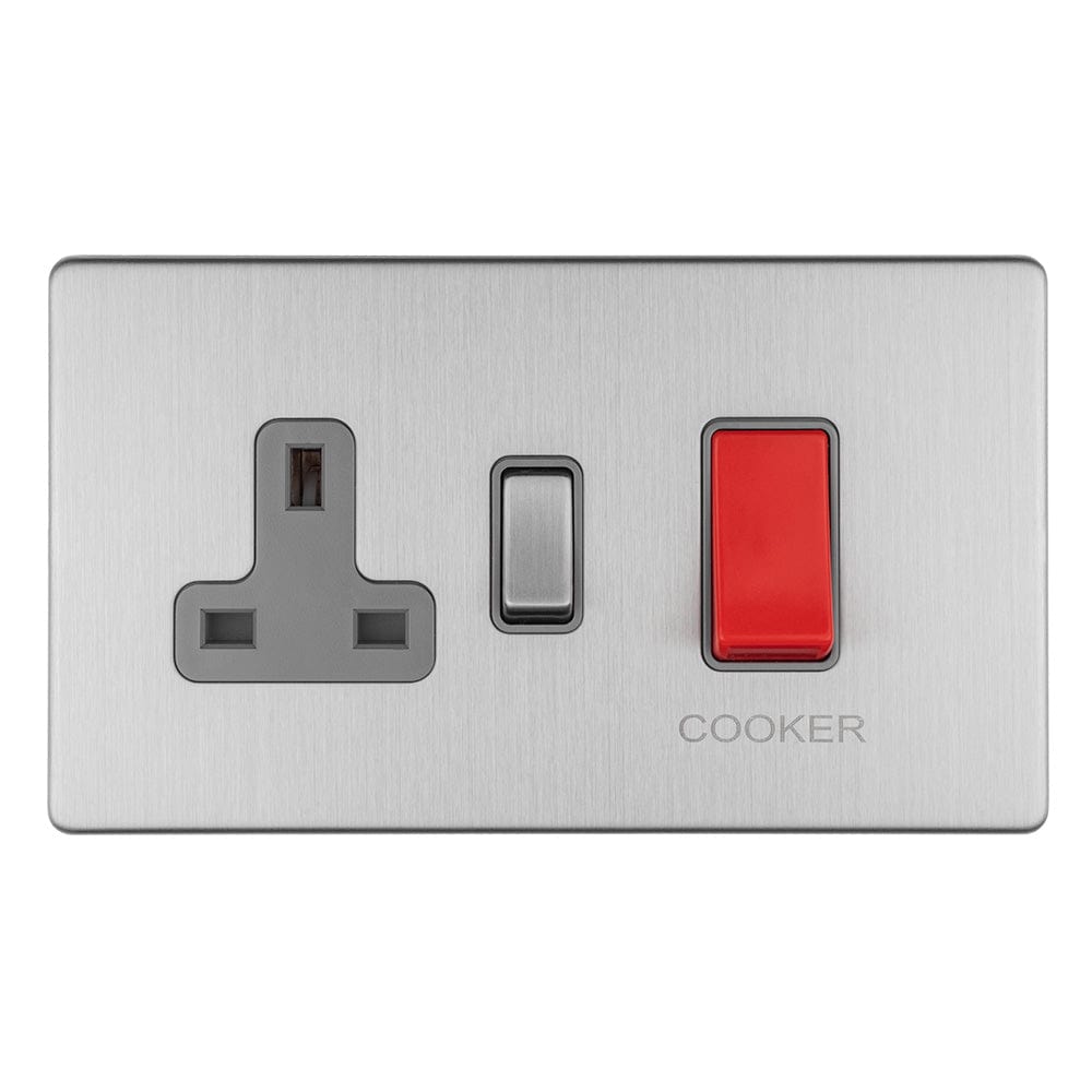 EuroLite Electrical Stainless Steel / 45AMP DP COOKER SWITCH WITH 13AMP SOCKET FLAT CONCEALED SATIN STAINLESS PLATE MATCHING ROCKER / (With Matching Trim) Eurolite Concealed 3mm 45Amp Dp Cooker Switch With 13Amp Socket - Stainless Steel (With Matching Trim)