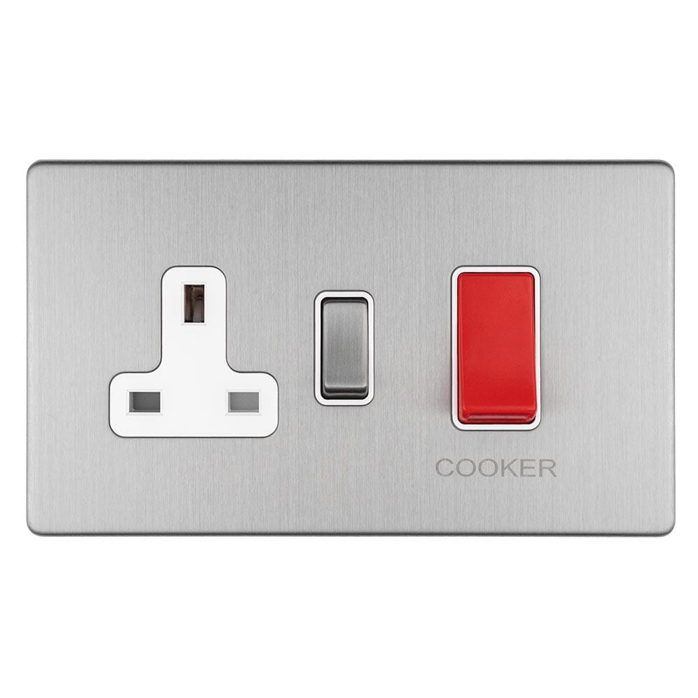 EuroLite Electrical Stainless Steel / 45AMP DP COOKER SWITCH WITH 13AMP SOCKET FLAT CONCEALED SATIN STAINLESS PLATE MATCHING ROCKER / (With Matching Trim) Eurolite Concealed 3mm 45Amp Dp Cooker Switch With 13Amp Socket - Stainless Steel (With Matching Trim)