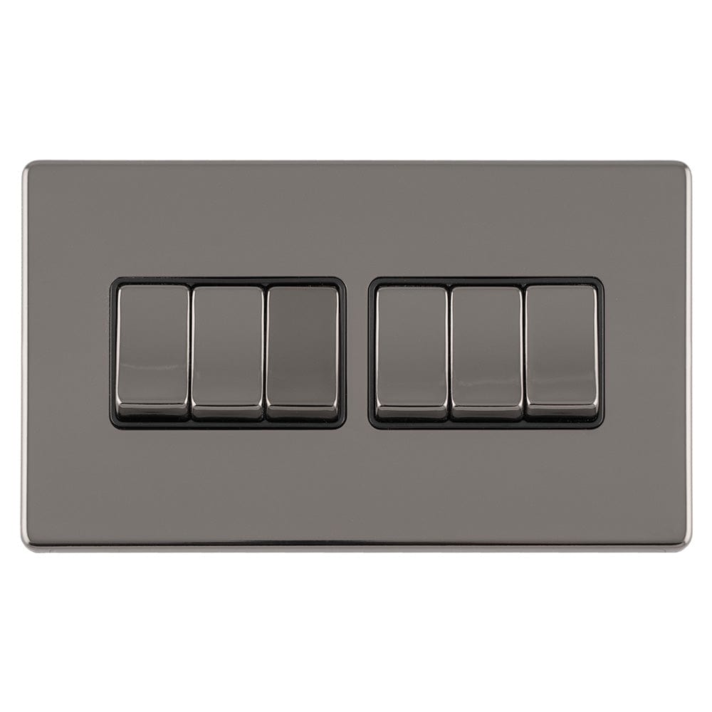 EuroLite Electrical Black Nickel / 6 GANG 10AMP 2WAY SWITCH FLAT CONCEALED BLACK NICKEL PLATE MATCHING ROCKERS / (With Black Trim) Eurolite Concealed 3mm 6 Gang 10Amp 2Way Switch - Black Nickel (With Black Trim)