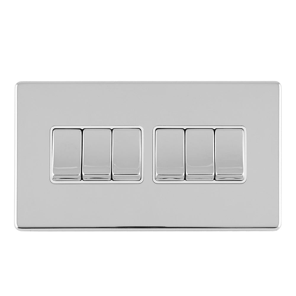 EuroLite Electrical Polished Chrome / 6 GANG 10AMP 2WAY SWITCH FLAT CONCEALED POLISHED CHROME PLATE MATCHING ROCKERS / (With White Trim) Eurolite Concealed 3mm 6 Gang 10Amp 2Way Switch - Polished Chrome (With White Trim)