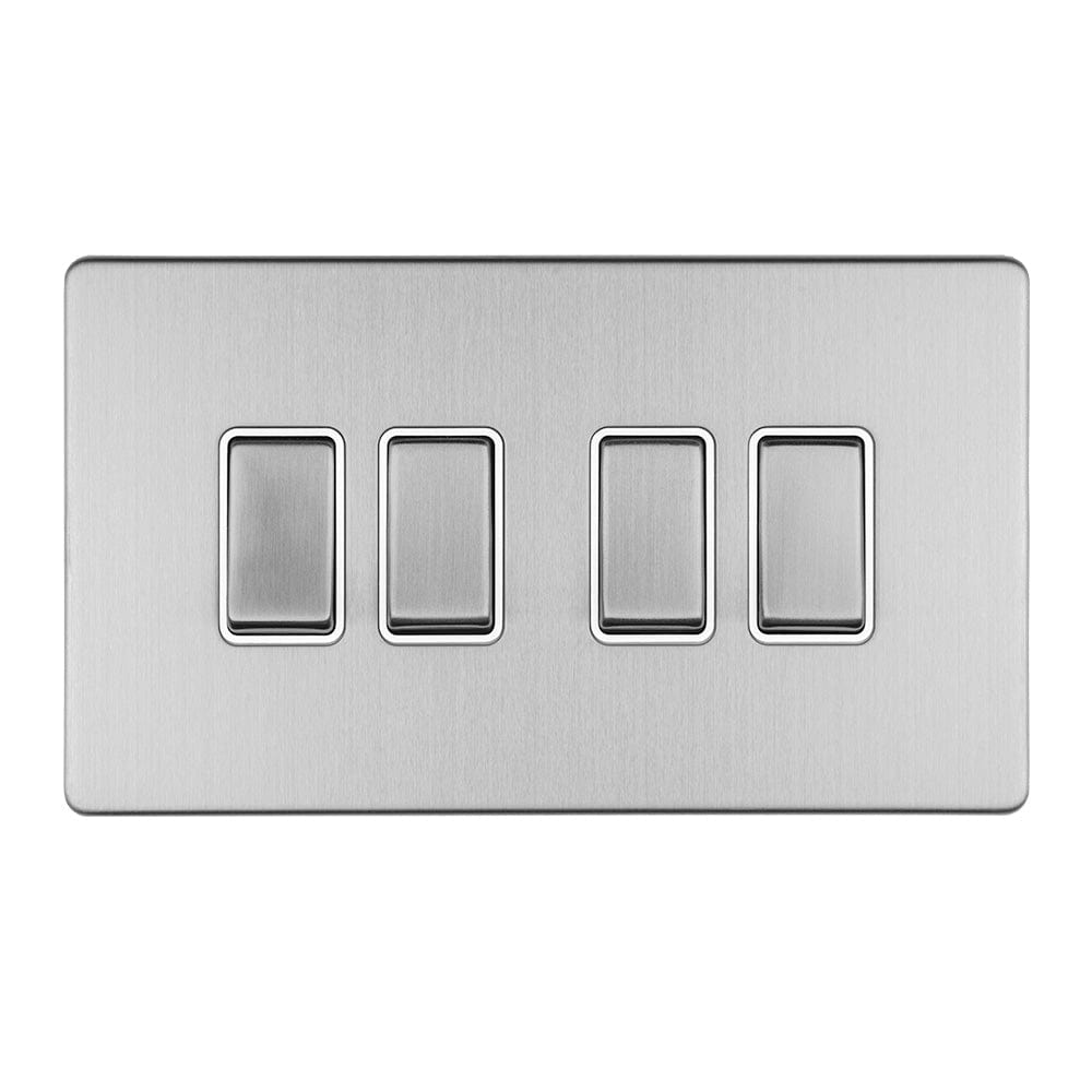 EuroLite Electrical Stainless Steel / 4 GANG 10AMP 2WAY SWITCH FLAT CONCEALED SATIN STAINLESS PLATE MATCHING ROCKERS / (With Matching Trim) Eurolite Concealed 3mm 6 Gang 10Amp 2Way Switch - Stainless Steel (With Matching Trim)