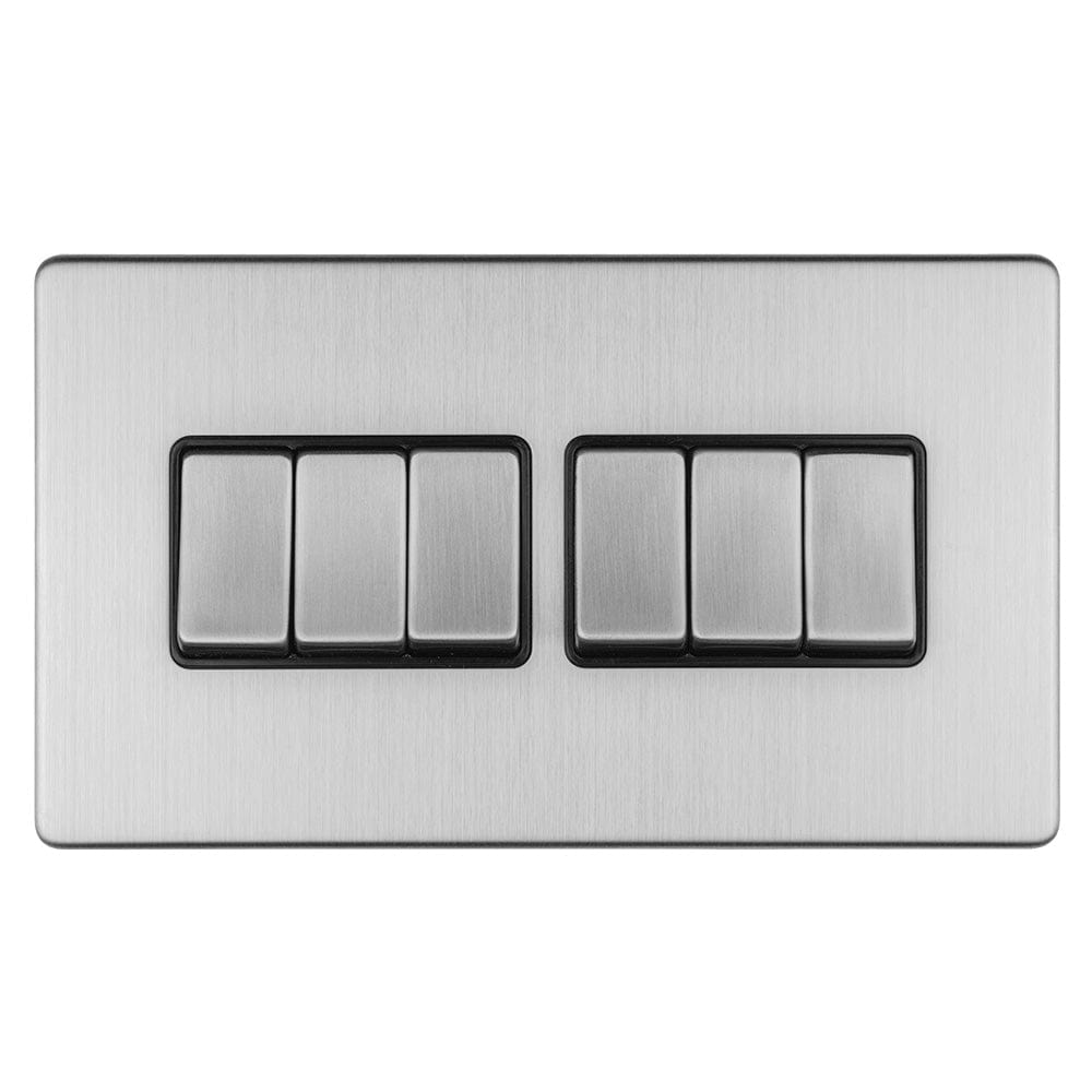 EuroLite Electrical Stainless Steel / 6 GANG 10AMP 2WAY SWITCH FLAT CONCEALED SATIN STAINLESS PLATE MATCHING ROCKERS / (With Matching Trim) Eurolite Concealed 3mm 6 Gang 10Amp 2Way Switch - Stainless Steel (With Matching Trim)