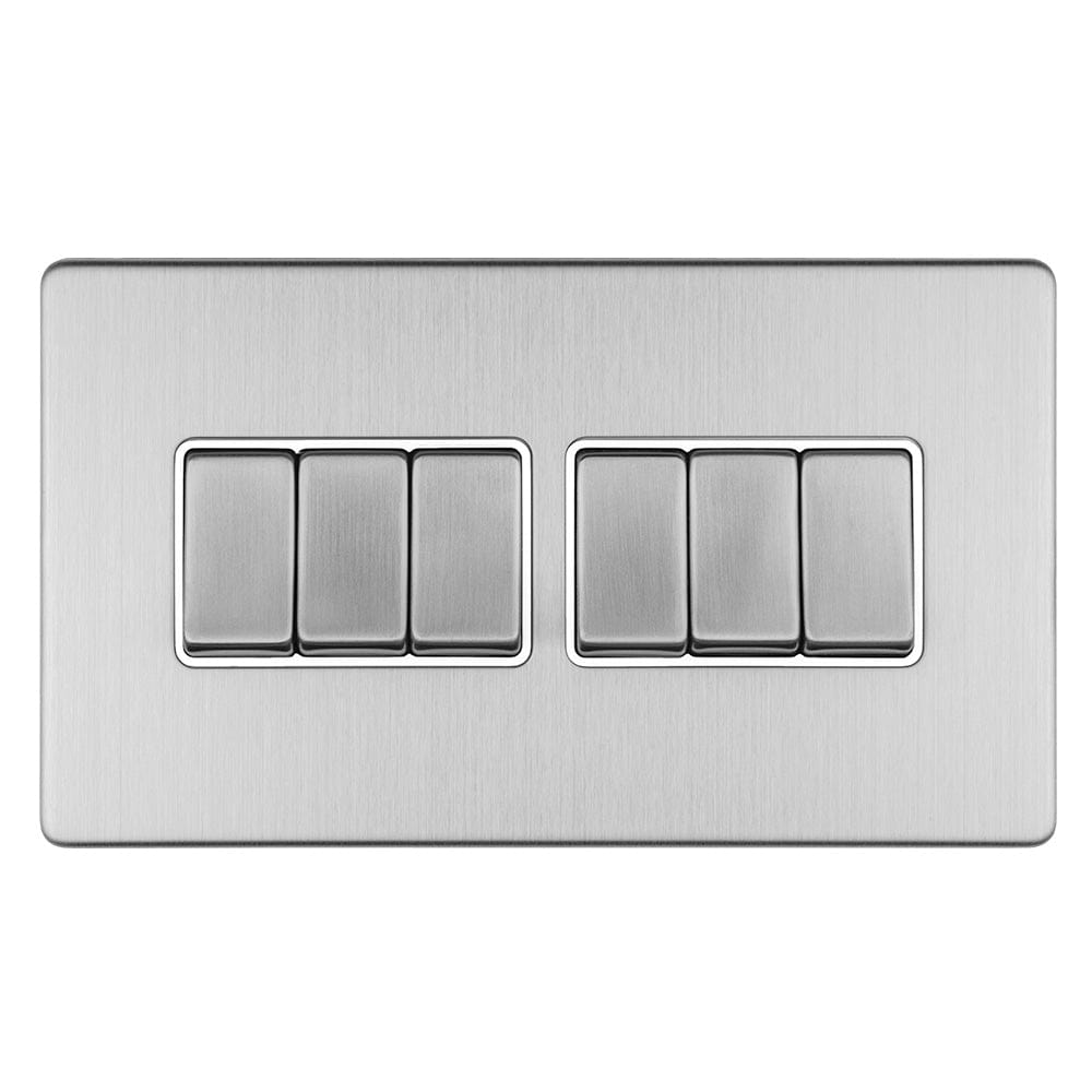 EuroLite Electrical Stainless Steel / 6 GANG 10AMP 2WAY SWITCH FLAT CONCEALED SATIN STAINLESS PLATE MATCHING ROCKERS / (With Matching Trim) Eurolite Concealed 3mm 8 Gang 10Amp 2Way Switch - Stainless Steel (With Matching Trim)