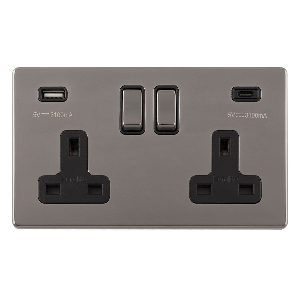 EuroLite Electrical Black Nickel / Concealed 3mm 2 Gang USBC Socket / (With Black Trim) Eurolite Concealed 3mm Concealed 3Mm 2 Gang Usbc Socket - Black Nickel (With Black Trim)