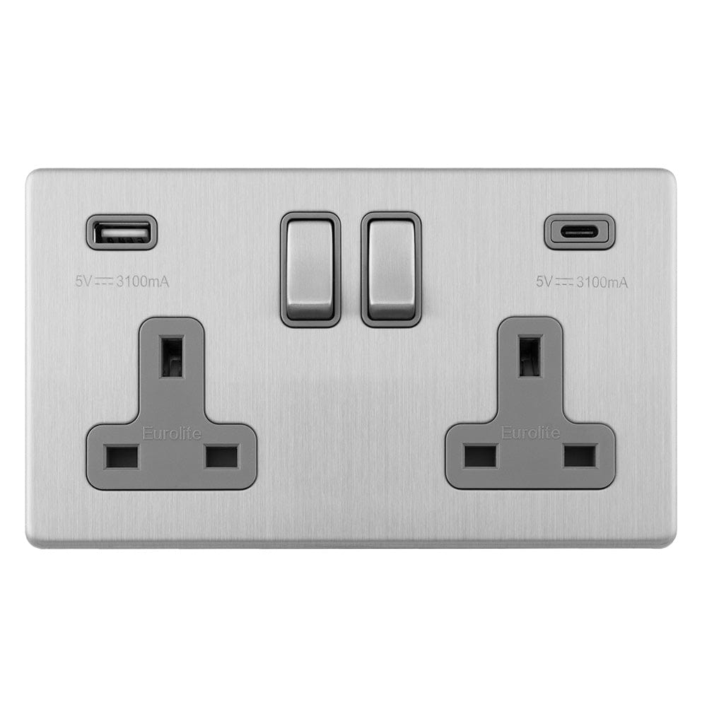 EuroLite Electrical Stainless Steel / Concealed 3mm 2 Gang USBC Socket / (With Grey Trim) Eurolite Concealed 3mm Concealed 3Mm 2 Gang Usbc Socket - Stainless Steel (With Grey Trim)